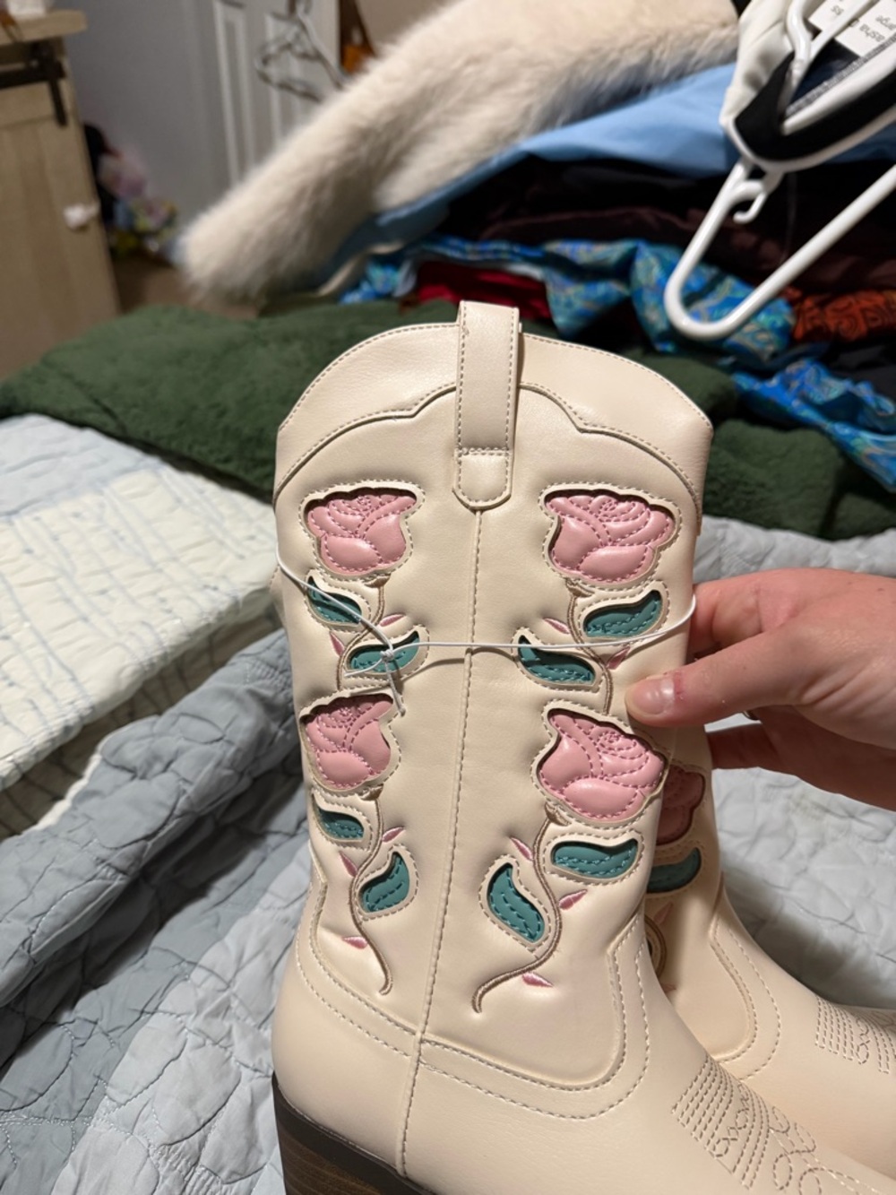 art class Cream Kids Cowboy Boots with Pink & Teal Floral Inset 2 - Picture 2 of 5